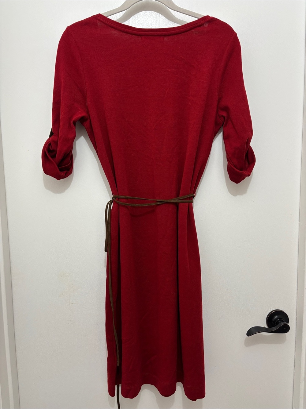 Ralph Lauren Red Henley Midi Dress with Brown Tie Belt Sz L - Picture 3 of 10